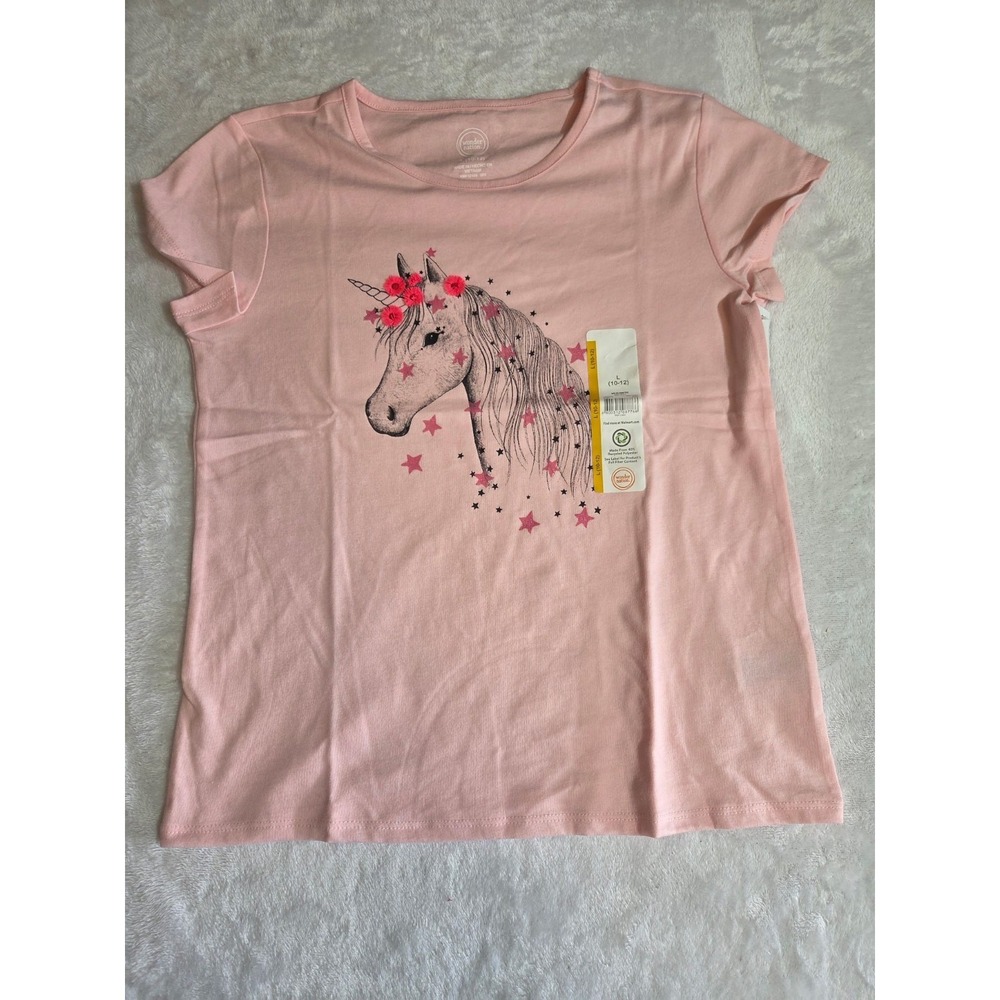 382 Wonder Nation Girls L 10-12 Pink Unicorn Floral Graphic T-Shirt NWT